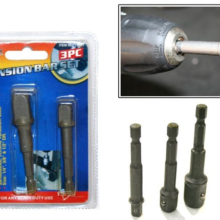 Three dark metal extension bars with ends for 1/4, 3/8, and 1/2 drive