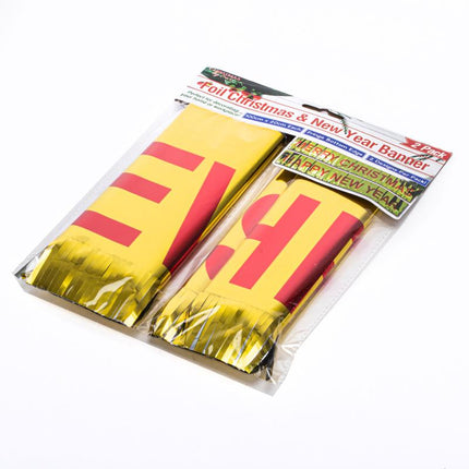 Foil banner 2-pack in clear plastic, yellow and red Merry Christmas and Happy New Year