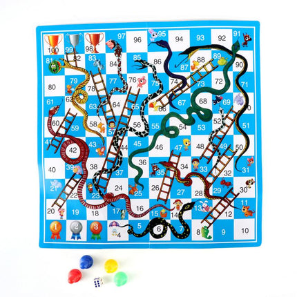 Snakes and Ladders 34cm game board with numbered squares, four colored pieces, and dice