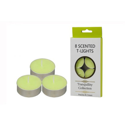 Peaches & Cream scented tealight candles, 8-pack; green wax in silver cups