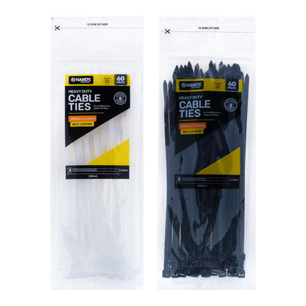 Black and clear heavy-duty cable ties in retail pack, 200mm length, 60 pieces