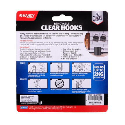 Removable clear hooks, 3-pack, shown on blister backing card