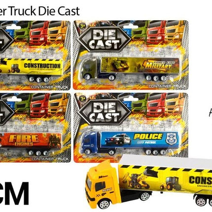 Yellow construction die-cast container truck with blister card, 19cm