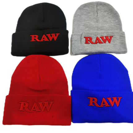 Set of four adult beanies in black, gray, red, and blue with RAW logo