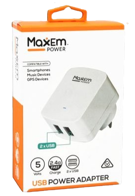 White 2-port USB AC power adapter with compact folding plug, shown on retail box