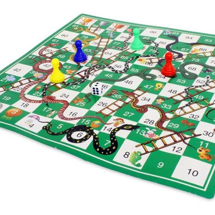 Snakes and Ladders 34cm game board in green, numbered grid with snakes, ladders, and pawns