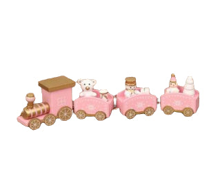 Pink wooden Christmas train set with multiple carriages and small animal figurines