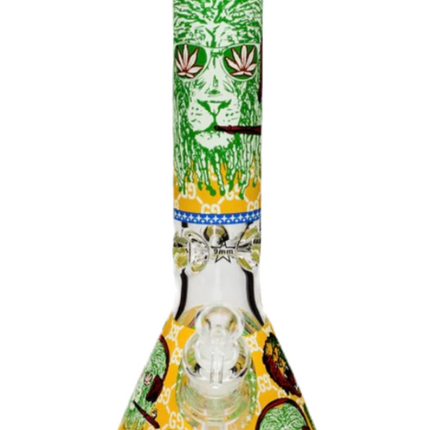 Green cat-themed water beaker bong with yellow base accents, clear glass