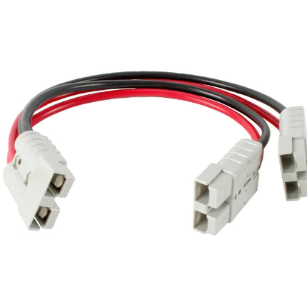 Anderson style twin lead connector with red/black 8mm wires and three white plugs