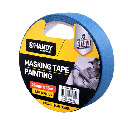 Blue masking tape roll package label: 25 mm x 15 m, clean sharp lines