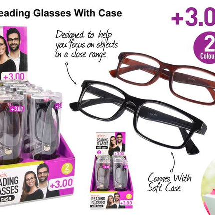Pack of unisex reading glasses +3.00 with soft case, 2 colors