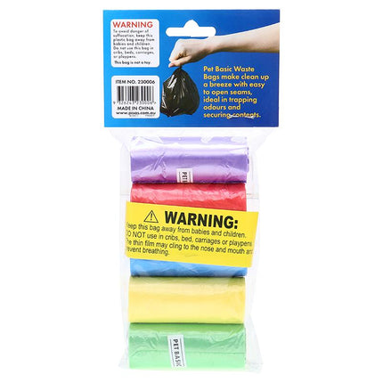 Pet waste bag refill pack with stacked multicolor rolls in purple, red, blue, yellow, green