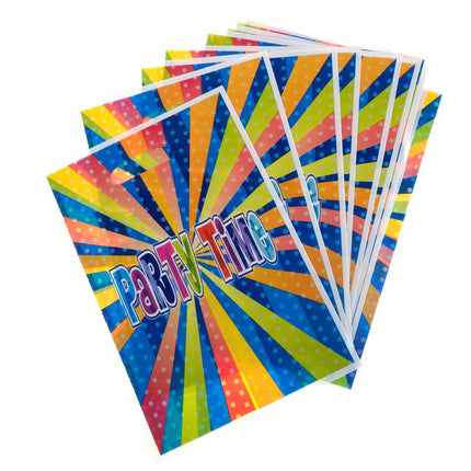 Stack of Party Time loot bags with rainbow stripe starburst and polka dots