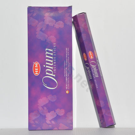 HEM Opium incense sticks in hexagonal tube with matching floral outer box.