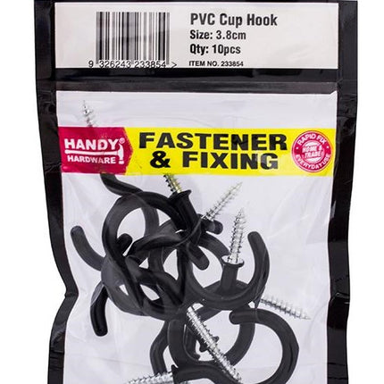 Black PVC cup hooks, 38mm, 10-pack, with screws in retail pouch