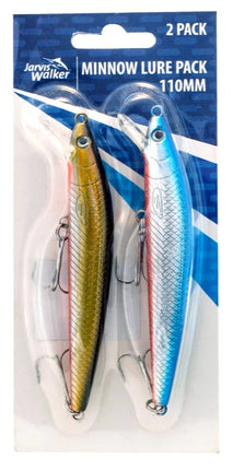 Two minnow fishing lures, one gold-brown and one blue-silver, 2-pack blister pack