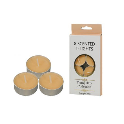 Set of orange citrus scented t-light candles with metal cups and gift box