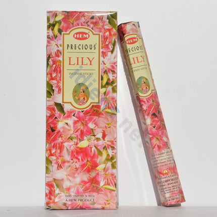 HEM Precious Lily incense sticks box with slanted side, bright pink floral artwork