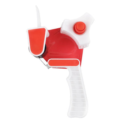 Packing tape dispenser with red tape head, white handle, and hanging support tab