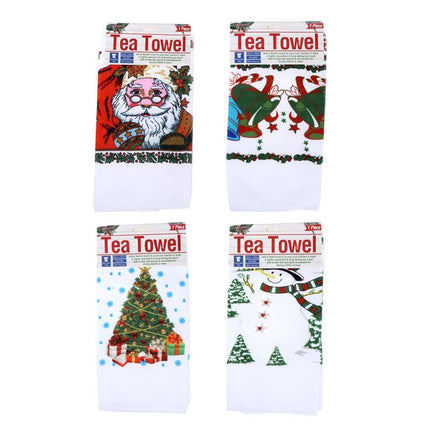Set of Christmas tea towels with Santa, tree, snowman, and festive motifs on white.