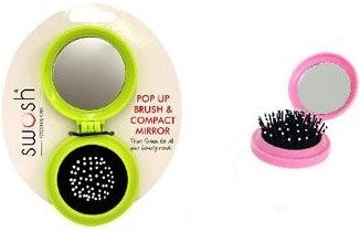 Round pop-up brush compact with mirror, lime green and pink