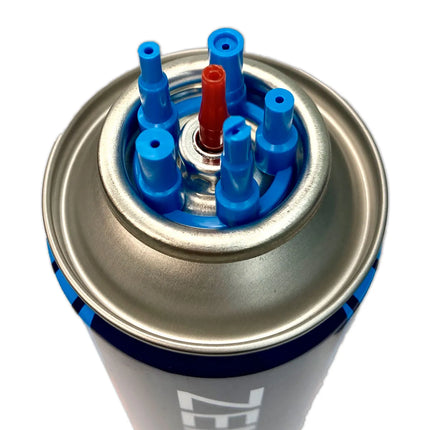 Butane gas cartridge top view with blue valves and red center pin on canister