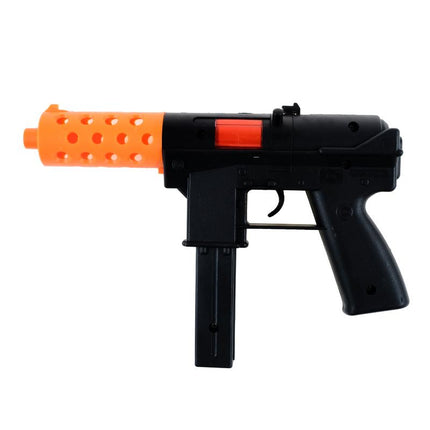 Black cap gun toy with orange perforated barrel and red accent window