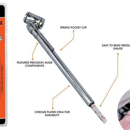 16 cm tire pressure gauge with spring pocket clip and chrome-plated steel body