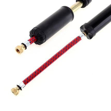 Portable bicycle pump with black body, braided hose, and brass connectors