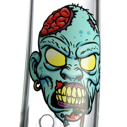 Skull monster face graphic on the clear glass water beaker.