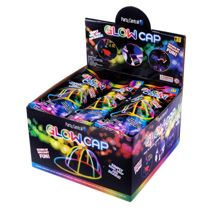 GlowCap glow stick cap display box showing multiple cap sets in a tray