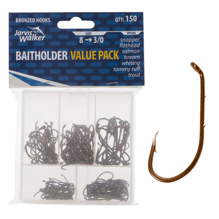 Bronzed baitholder fishing hooks, assorted sizes (150)