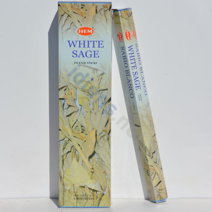 HEM White Sage incense sticks: box and two tall hexagonal tubes