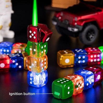 Flashing dice jet lighter with green-lit ignition and multi-color stacked dice