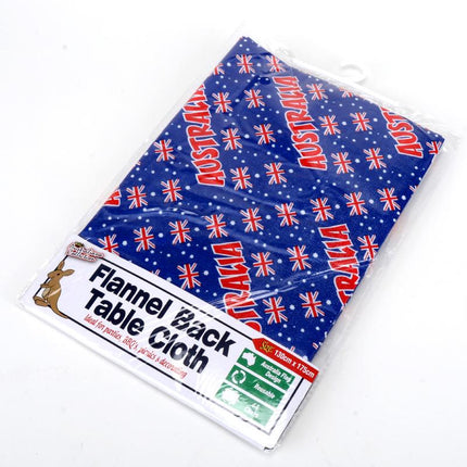 Flannel back table cloth laid flat, blue with kangaroo and Australasian text pattern