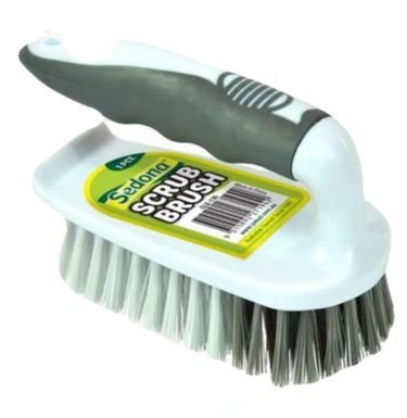 Sedona scrub brush with gray handle, white bristles and angled base