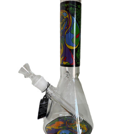 Clear glass water beaker with abstract animal artwork, angled mouth and black tag
