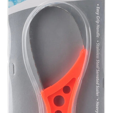 Jarvis Walker tecTools stainless steel scaler with orange handle, in package