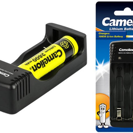 Camelion battery charger with 18650 lithium battery, black dual-slot design