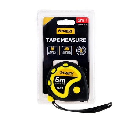 5m tape measure with retractable yellow-black blade, in clear blister packaging