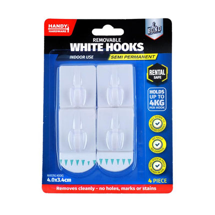 Removable white plastic hooks, 4-pack, square design on retail package
