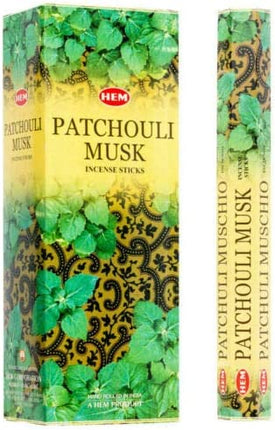 HEM Patchouli Musk incense sticks box with green leaf pattern