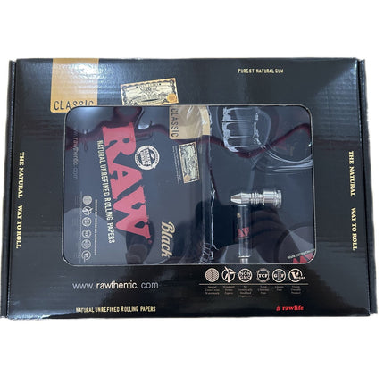 4-piece smoke kit gift box with clear window showing grinder, jar, and smoking accessories
