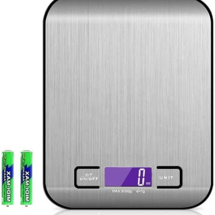 Brushed stainless digital kitchen scale with LCD display and buttons