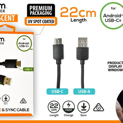 USB-A to USB-C cable with USB-A and USB-C connectors, 22 cm