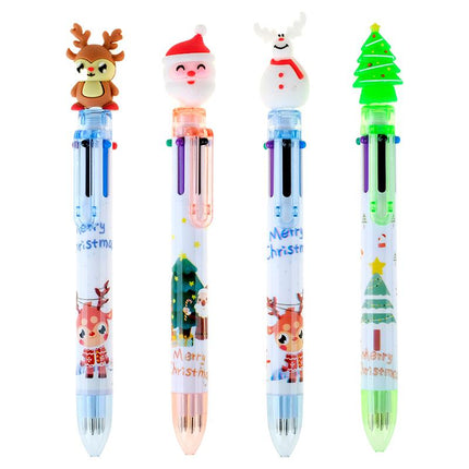 Set of 4 Christmas ballpoint pens with reindeer, snowman, Santa-style figure, and green tree