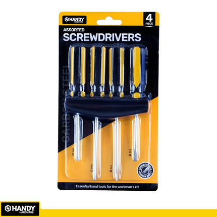 HANDY assorted screwdrivers 4-piece set on blister pack with yellow/blue handles