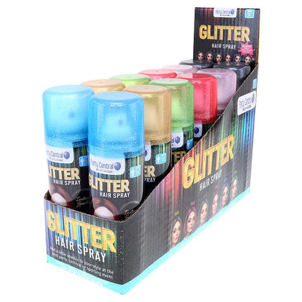Glitter hair spray variety pack display with blue, pink, and gold bottles in box