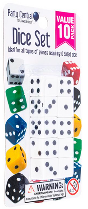 10-piece dice set retail package with multicolor dice and black pips