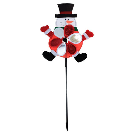 Snowman windmill stake with top hat, red-green outfit, and four-blade glitter pinwheel